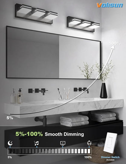 VOLISUN 16.15in Bathroom Vanity Light Fixtures 3 Light, 5CCT Dimmable, Matte Black LED Bathroom Lighting Fixtures Over Mirror, 360°Rotatable Head, LED Vanity Lights for Bathroom