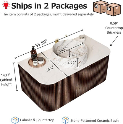 36" Floating Bathroom Vanity with Sink, Wall-Mount Modern Bathroom Cabinet with Ultra-Thin Ceramic Basin and Marble Top, Large Storage Drawer, Soft-Close Design, Dark Walnut