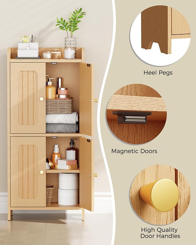 BEWISHOME Small Floor Cabinet,Toilet Paper Storage,Bathroom Storage Cabinet | with 4 Doors and Shelves, Bathroom Organizers and Storage for Small Spaces, Natural 7.9" D x 14.6" W x 31" H YYG11Y