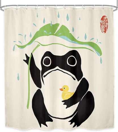 LGhtyro Funny Frog Shower Curtain Bathroom Set 71Wx78H Inches Asian Duck Traditional Art Japanese Cute Animal Taking Lotus Leaf Rain Bath Accessories Black Green Art Home Decor Fabric 12 Pack Hooks