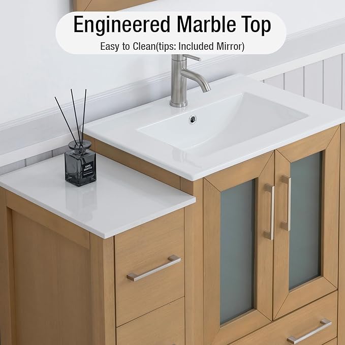 HOMEBEYOND 36 Inch Modern Bathroom Vanity with Sink & Mirror, Single Vanity Cabinet with Basin and Mirror, Dove-Tailed Drawers, Soft-Closing Doors, Wood, Natural Oak