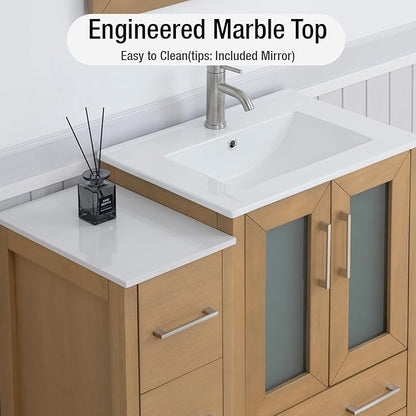 HOMEBEYOND 36 Inch Modern Bathroom Vanity with Sink & Mirror, Single Vanity Cabinet with Basin and Mirror, Dove-Tailed Drawers, Soft-Closing Doors, Wood, Natural Oak