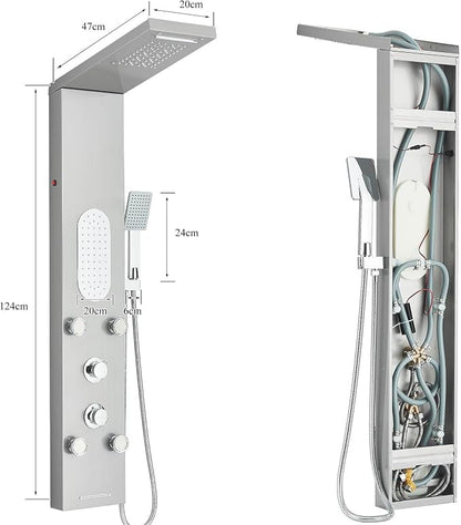 Luxury Shower Tower System with LED Shower Head, 5 Functions Shower Panel Tower System with 4 pcs Body Massage Jets,Stainless Steel Wall Mount Massage Shower Panel Tower System Brushed Nickel