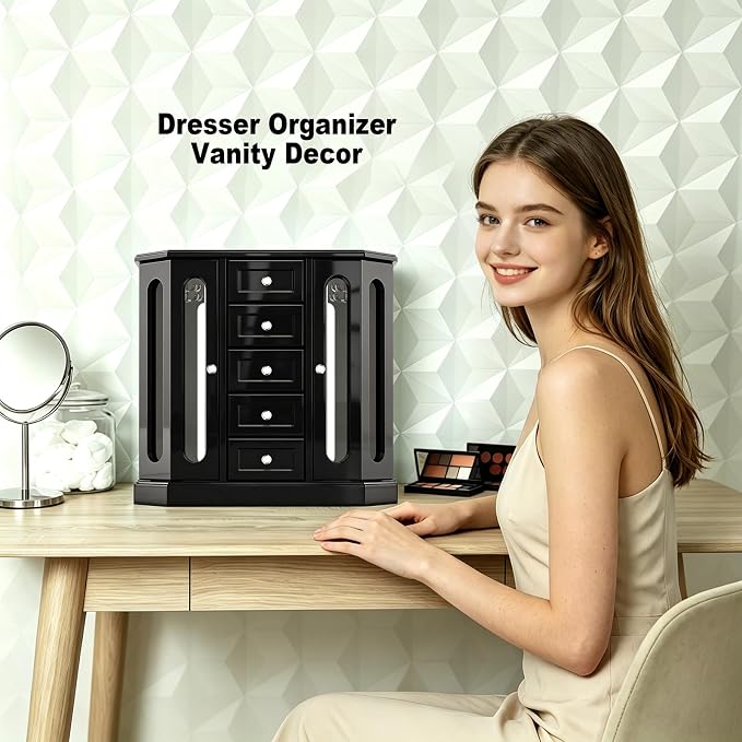 RR ROUND RICH DESIGN Vintage Jewelry Armoire with Mirror Black | Solid Wood Jewelry Box Organizer with 5 Drawers & 2 Glass Doors - Large Capacity Desktop Dresser Case