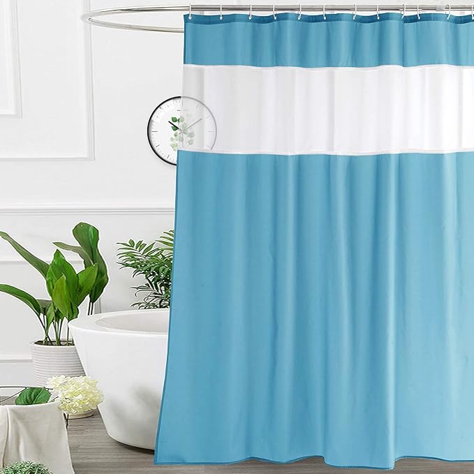 UFRIDAY Extra Long Shower Curtain with See Through Window, 72x84 inch Fabric Shower Curtain for Bathroom and Bathtubs,Machine Washable, Hotel Quality,Light Blue