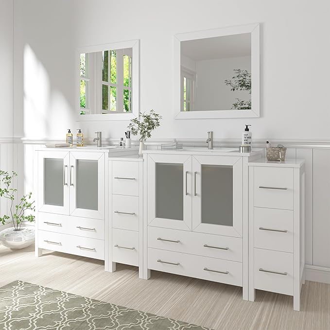 Vanity Art 84 Inch Under Mount Double Sink Bathroom Vanity Cabinet with 2 Mirrors, Ceramic Top Bathroom Cabinet Compact Set with 10 Dovetail Storage Drawers and Brushed Nickel Handles, VA3030-84-W