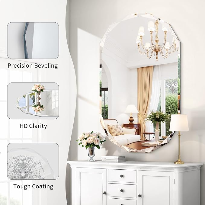 GLASHOM Frameless Oval Bathroom Mirror, 48x28 Inch Vanity Mirror for Over Sink with Beveled Edge, Decorative Wall Mirror for Bedroom, Living Room and Entryway, Hangs Horizontally or Vertically