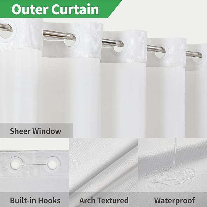 eachope No Hook Boho Arch Shower Curtain with Snap-in Liner Set,71x80,White | 230GSM Thick Fabric,Easy to Install,Sheer Window,Magnetic Weighted Hem,Waterproof & Machine Washable,for Bathroom,Hotel