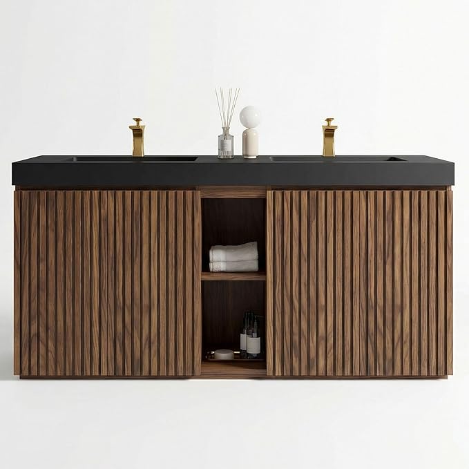 60" Double Bathroom Vanity with Sink Combo, Mid Century Modern Bathroom Cabinet with Doors & Shelves, Matte Black Integrated Sink with Overflow, Walnut