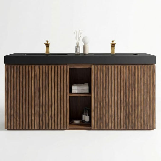 60" Double Bathroom Vanity with Sink Combo, Mid Century Modern Bathroom Cabinet with Doors & Shelves, Matte Black Integrated Sink with Overflow, Walnut
