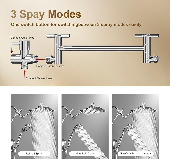 Shower Head with Handheld Spray, 8" High Pressure Rain Shower Head Combo with Adjustable Extension Arm, 5 Spray Modes Dual Showerhead Set, Detachable Handheld Shower, 304 Stainless Steel, Chrome