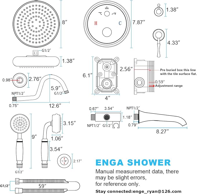 Enga Bright Gold Brass Shower Tub Faucet System Antique 8inch Rainfall Shower with Spout and Hand Spray