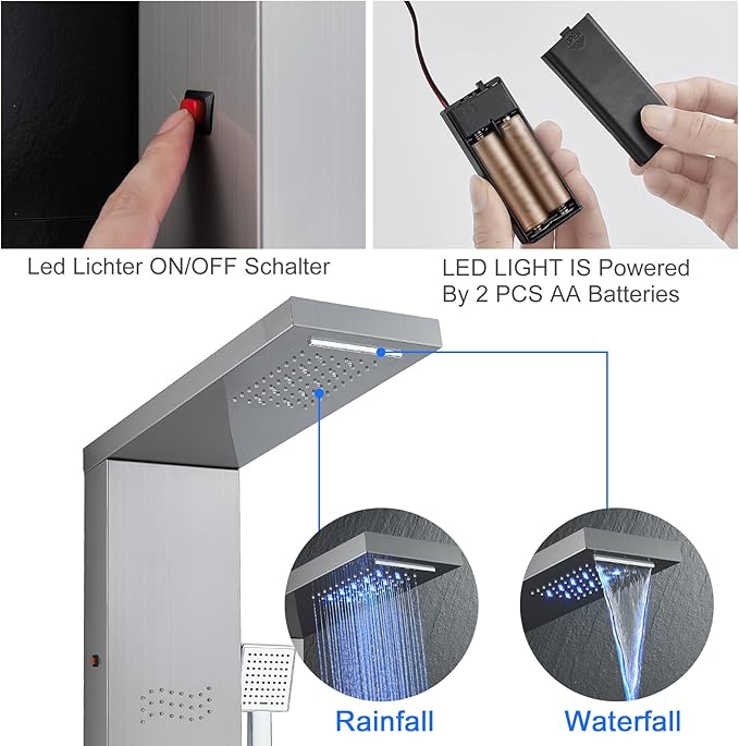 Shower Panel Tower System with LED Lights, Stainless Steel 5 in 1 Shower Panel with Rainfall Waterfall Shower Head, Body Spray, Handheld Shower, Tub Spout (Brushed)