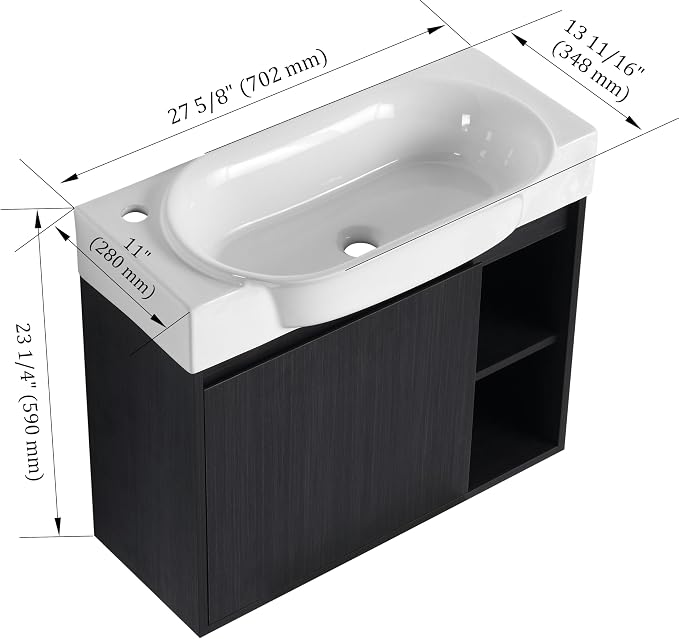 28" Wall Mounted Bathroom Vanity with Sink, Small Vanity, Black | Integrated Ceramic Sink, Soft-Close Door & 2 Open Storage Shelves, Small Bath Vanity Set, Easy to Clean