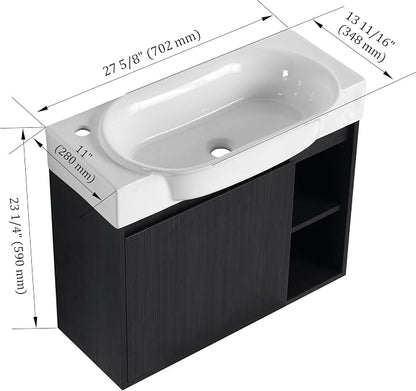 28" Wall Mounted Bathroom Vanity with Sink, Small Vanity, Black | Integrated Ceramic Sink, Soft-Close Door & 2 Open Storage Shelves, Small Bath Vanity Set, Easy to Clean