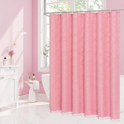 Pink Boho Woven Fabric Shower Curtain with Tassel 72 x 78, Tufted Textured | Modern Farmhouse Curtain for Bathroom, Long Bathroom Curtain, Minimalist Decor, Waterproof