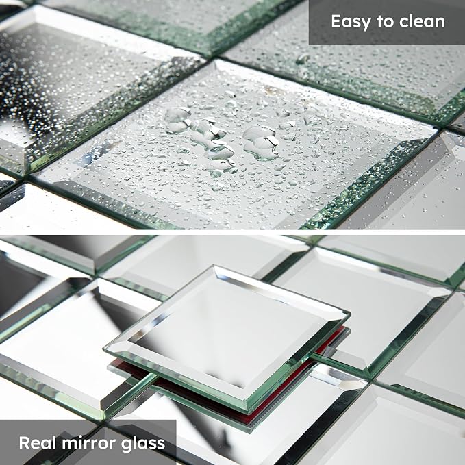 32 Pcs Mirror Peel and Stick Tile, Silver, 3x3 Inch, Beveled Mirror Square Kitchen Backsplash Bar Bathroom Wall Tile