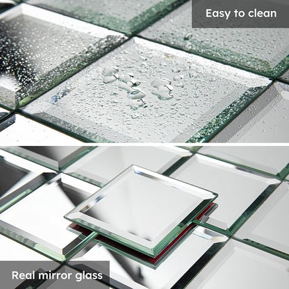 32 Pcs Mirror Peel and Stick Tile, Silver, 3x3 Inch, Beveled Mirror Square Kitchen Backsplash Bar Bathroom Wall Tile