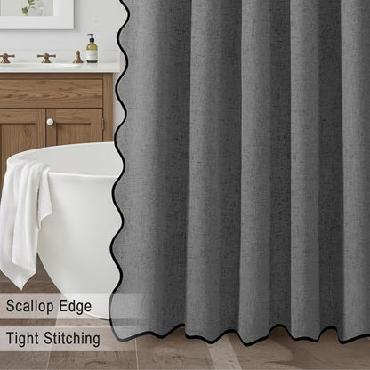 Scalloped Shower Curtain Linen Boho Flax Dark Gray 72" W x 72" L | Linen Fabric, Black Border, Washable, Heavy Duty Cloth, Shower Curtain for Boho Farmhouse Bathroom Bathtub