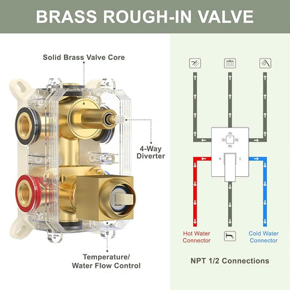 Rain Shower System with Rough-in Valve, Ceiling Mount Shower Faucet Set with 12" & 6" Dual Rain Shower Heads, 2-in-1 Handheld Shower, Tub Spout, 4-Function Complete Shower Fixture,Brushed Gold