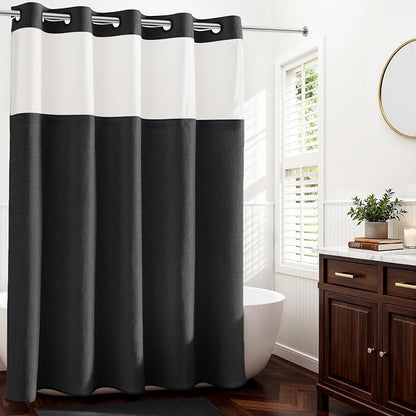 River Dream Linen Textured No Hooks Shower Curtain with Liner,Black,71x74 | Mesh Top Window,with Snap-in Liner,Heavy Duty Fabric,Quick Dry,Bottom Magnets,Water-Repellent,Washable,Farmhouse Bathroom Set
