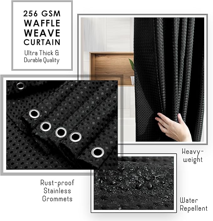 Clara Clark Black Shower Curtain - Hotel Quality Waffle Fabric Bath Curtain 72x72, Heavy Duty Waterproof Shower Curtains for Bathroom