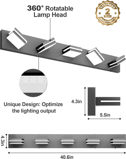 VOLISUN Modern 5-Light, 40-Inch Black Bathroom Vanity Light Fixtures, 360 Rotatable Head, LED Vanity Lights for Bathroom