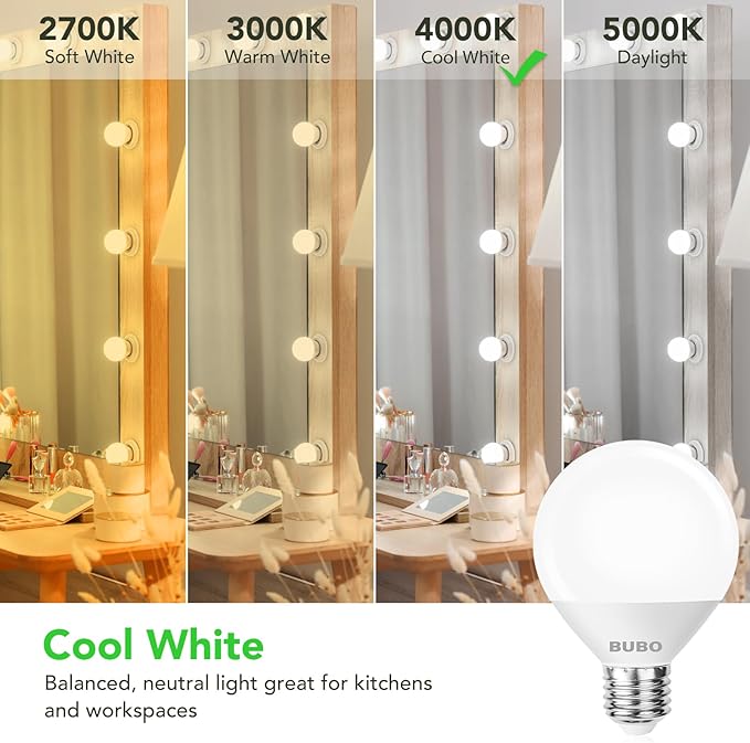 BUBO Vanity Light Bulbs 60 Watt Equivalent, Globe Light Bulbs Cool White 4000K, Bathroom Light Bulbs, Round Light Bulbs, G25 LED Light Bulbs 800 Lumens, E26 Medium Base, 7W, Non-Dimmable, 12 Pack