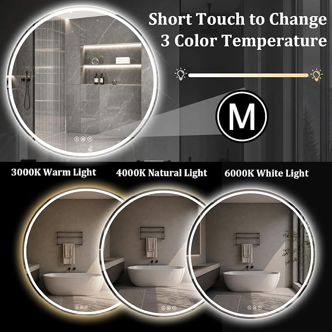 Round LED Bathroom Mirror, 40 Inch, HD Shatterproof Tempered Glass | Lighted Bathroom Mirror with Dimmable Lights Bathroom Mirror with Lights for Wall, 3 Color Temperatures