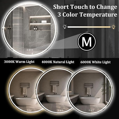 Round LED Bathroom Mirror, 40 Inch, HD Shatterproof Tempered Glass | Lighted Bathroom Mirror with Dimmable Lights Bathroom Mirror with Lights for Wall, 3 Color Temperatures