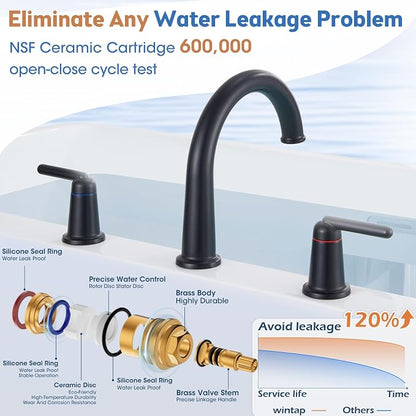 Roman Tub Faucet 3 Hole Deck Mount Tub Filler High Flow Matte Black | With Ceramic Valve, Solid Brass, High Arch Bathtub Faucet, 2-Handle Design, Widespread Mount, Garden Bath Tub Faucet