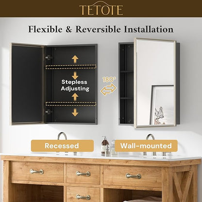 TETOTE Brushed Nickel 16" x 24" Recessed Medicine Cabinet Bathroom Mirror with Storage Medicine Cabinet with Beveled Frame Adjustable Shelves Wall-Mounted