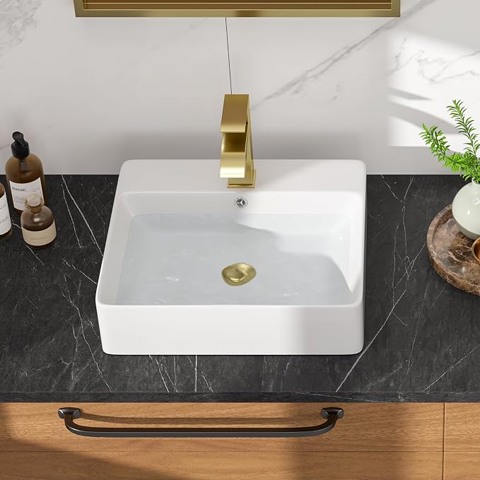 White Rectangle Vessel Sink, 18"W x16"D Bathroom Sink Above Counter Modern Porcelain Ceramic Vessel Sink, Vanity Art Basin for Bathrooms