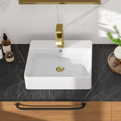 White Rectangle Vessel Sink, 18"W x16"D Bathroom Sink Above Counter Modern Porcelain Ceramic Vessel Sink, Vanity Art Basin for Bathrooms