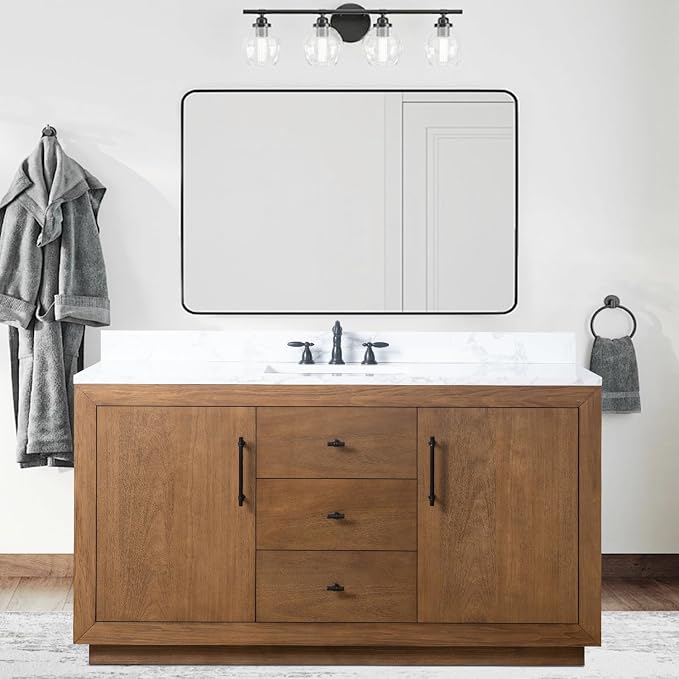 Vanity Art 60 inch Bathroom Vanity with Single Sink, Modern Wood Bath Vanity with Carrara Marble Top, Vanity Cabinet with Doors， Removable Shelf, Solid Wood Frame, Ceramic Sink, Tan, VA7060E
