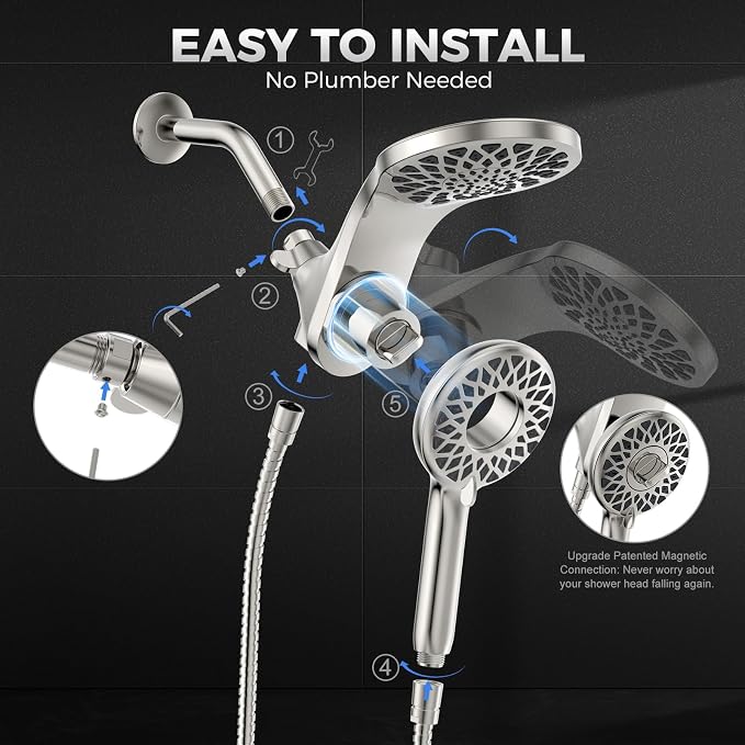 High Pressure Rain Shower Head with Handheld Spray Combo | Detachable Dual Shower Head with 10 Sprays Modes - Upgrade Knob Spray Mode Selector and Magnetic Guidance Docking System