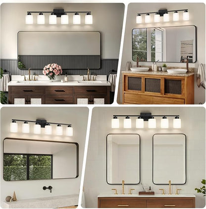 FonmYim Black Bathroom Light Fixtures Vanity Lights Over Mirror | Modern 6-Light lighting fixtures for bathroom with Milky White Frosted Glass Shades, E26 Socket (Bulbs Not Included)