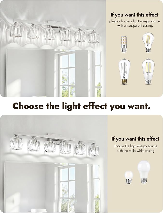 VOLISUN Crystal Vanity Lights for Bathroom, 6 Light Bathroom Vanity Light, Modern Stainless Steel Bathrooms Lights Over Mirror, Chrome Bathrooms Lights Fixtures-UL Certificated(Exclude Bulb)
