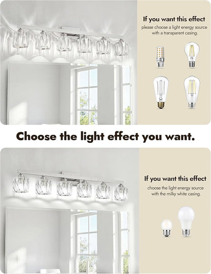 VOLISUN Crystal Vanity Lights for Bathroom, 6 Light Bathroom Vanity Light, Modern Stainless Steel Bathrooms Lights Over Mirror, Chrome Bathrooms Lights Fixtures-UL Certificated(Exclude Bulb)