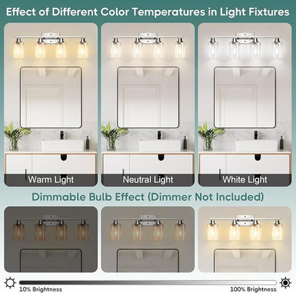 Ascher Bathroom Light Fixtures, 4-Light Vanity Light Over Mirror, Brushed Nickel Wall Sconces with Clear Glass Shades, Wall Lamp for Living Room Bedroom, E26 Base(Bulbs Not Included)