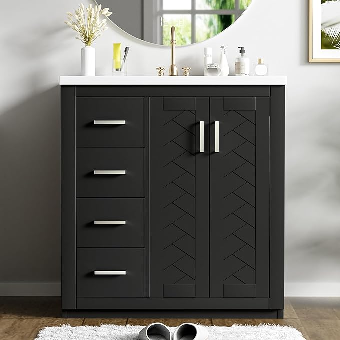Merax Herringbone Single Sink Bathroom Vanity, Freestanding 30" Modern Bathroom Vanity Storage Cabinet with 3 Drawers and 2 Doors, Solid Wood Frame