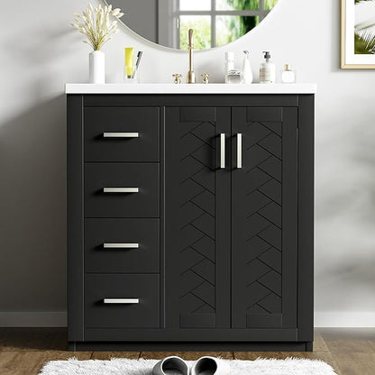 Merax Herringbone Single Sink Bathroom Vanity, Freestanding 30" Modern Bathroom Vanity Storage Cabinet with 3 Drawers and 2 Doors, Solid Wood Frame
