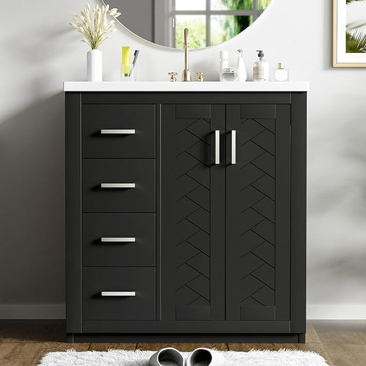 Merax Herringbone Single Sink Bathroom Vanity, Freestanding 30" Modern Bathroom Vanity Storage Cabinet with 3 Drawers and 2 Doors, Solid Wood Frame