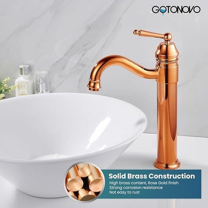 gotonovo Bathroom Vessel Sink Faucet Single Handle Brass Long Reach Bathroom Faucet 1 Hole Deck Mounted Mixer Tap with Pop Up Drain Rose Gold