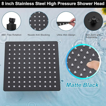 Midanya Shower Faucet Set,Wall Mount Shower System with Square Rain Shower Head and Hand Sprayer, Rough-in Valve Body and Trim Kit Included,8 Inch,Matte Black