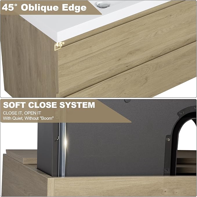 Wall Mounted 36 Inch Bathroom Vanity with Sink, Floating Vanity Bathroom, Single Sink Bathroom Vanity, 2 Drawers, Resin Integrated Sink (Natural Oak)