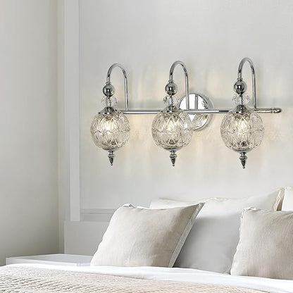 Modern Bathroom Light Fixtures Polished Chrome Vanity Light with Glass Globe LampShade 3 Lights Mid Century G9 Bulb Wall Sconce Indoor Vanity Light Over Mirror for Bedroom Kitchen Hallway