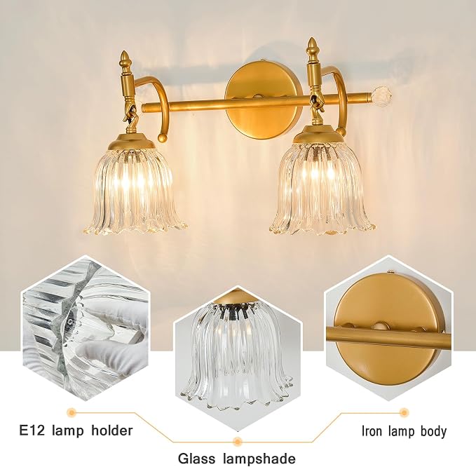 CVKASH 2-Light Bathroom Vanity Light Fixtures Over Mirror,Brushed Gold Modern Vanity Light with Glass Shade Vintage Wall Sconce for Bedroom Dressing Room Living Room Hallway Cabinet