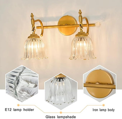 CVKASH 2-Light Bathroom Vanity Light Fixtures Over Mirror,Brushed Gold Modern Vanity Light with Glass Shade Vintage Wall Sconce for Bedroom Dressing Room Living Room Hallway Cabinet