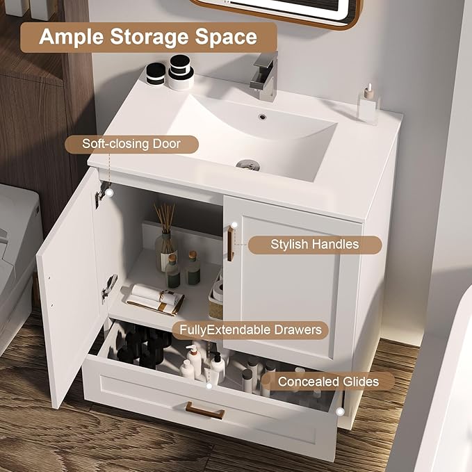 30 inch Bathroom Vanity with Sink, Modern White Vanity for Bathroom with Undermount Ceramic Sink, Freestanding 2-Door & 1-Drawer Storage Cabinet, for Small Bathroom Space, (White, 30")